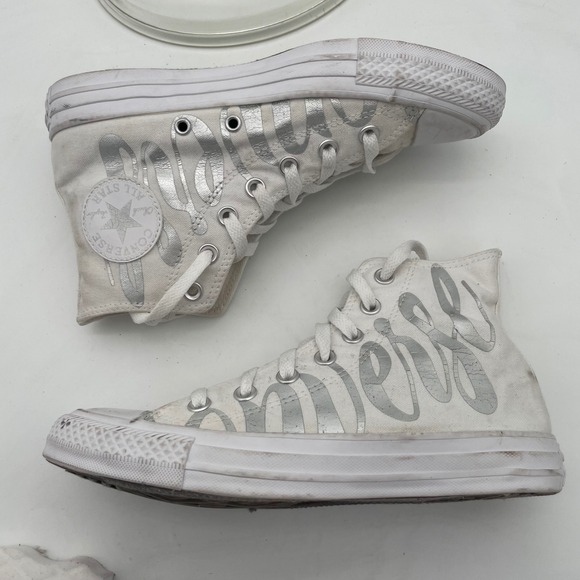 Converse All Star High Top‎ Sneakers White Silver Script Lettering Shoes Size 7 - Picture 2 of 14